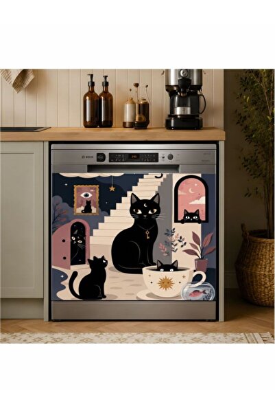 Laputa Tükkan Bulaşık Makinesi Sticker 70x70 cm Kara Kediler Model 21