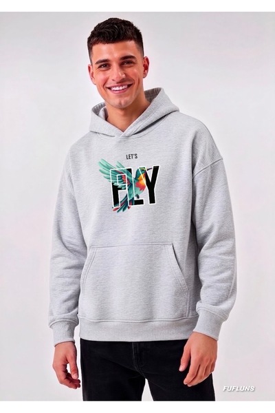 FUFLUNS Lets Fly Printed Oversized Men's Hooded Sweatshirt