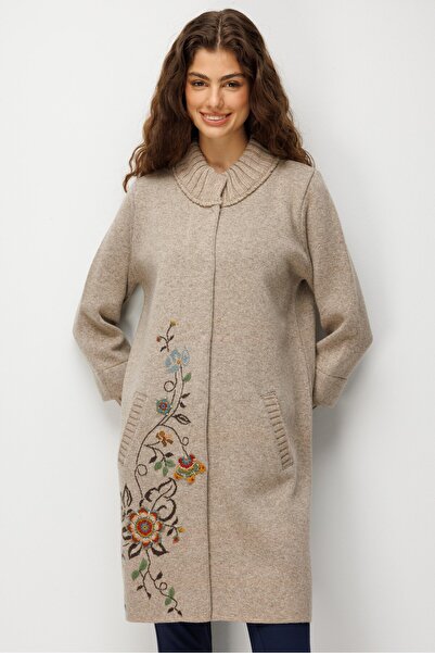 Desen Triko Women's High Collar Patterned Long Wool Coat Dark Beige