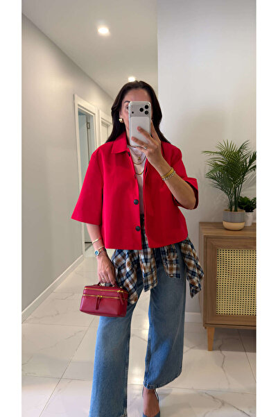 BİRCANÇİL Milasa Kırmızı Oversize Crop Ceket