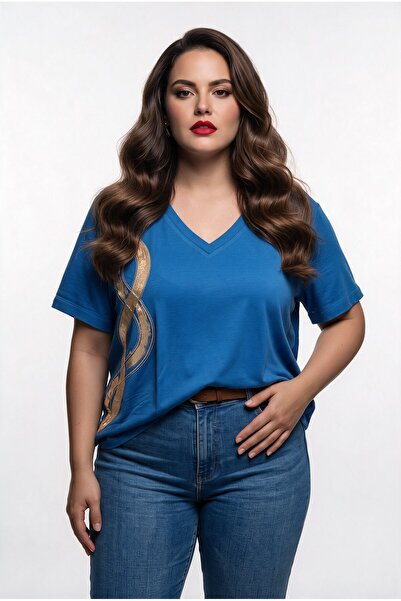 Vedi -bb Kadın V Yaka Pamuklu T-Shirt Metalik Şerit Detaylı Standart Kalıp 25...