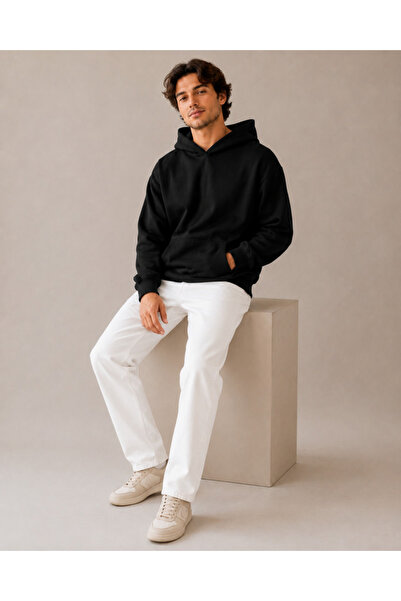 FAVORİST Men's Plain Black Hooded Hoodie 100% Combed Cotton Three Yarn Oversi...