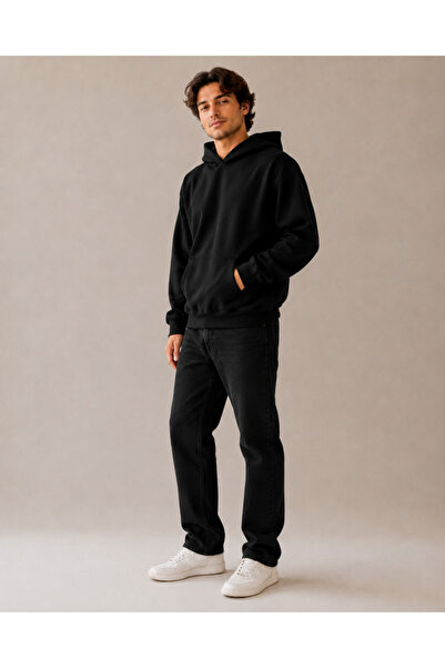 FAVORİST Men's Plain Black Hooded Hoodie 100% Combed Cotton Three Yarns
