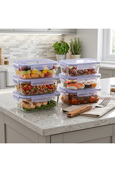 Paşabahçe 530093 Rectangular Storage Container with Blue Lid 330 Cc 6 Pieces