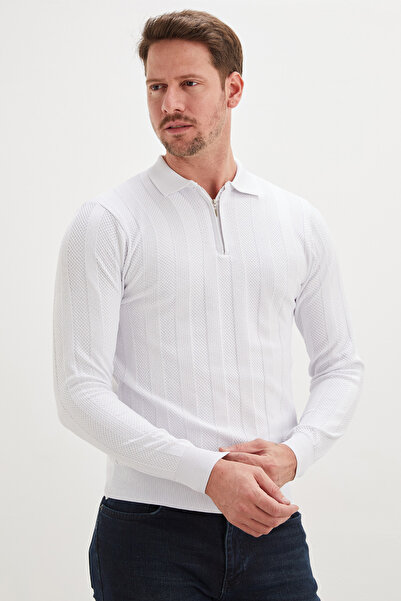 Fulla Moda Half-Zip Polo Collar Striped Knit Sweater