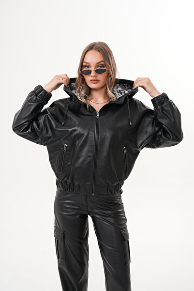 Metins Leather Kadın Kapüşonlu Çift Taraflı Giyilebilir Hakiki Deri Mont 155A...
