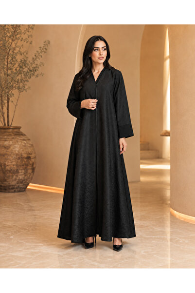 KAVALEE Luxury Black Textured Abaya with All-Over Geometric Pattern, Wide Smo...