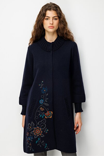 Desen Triko Women's High Collar Patterned Long Wool Coat K.Navy Blue