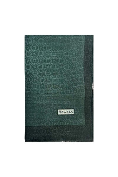 Vakko Cotton Silk Striped Monogram Shawl 041728-Emerald Green