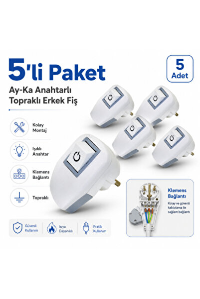 ay-ka Anahtarlı Topraklı Işıklı Kolay Montaj Erkek Fiş (5 Adet)