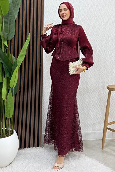 Lamia Giyim Flarlı Balık Abiye Koyu Bordo