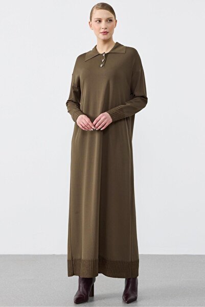 Tığ Triko Pola Yaka Rayon Dress Brown