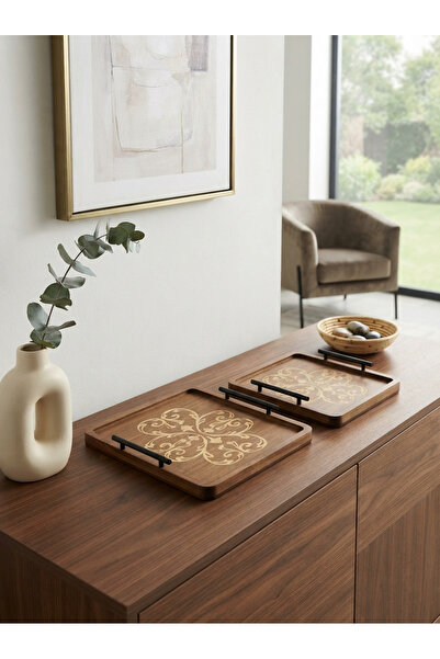 Generic Rectangular Dark Brown Wooden Serving Tray Set with Handles on Sides ...
