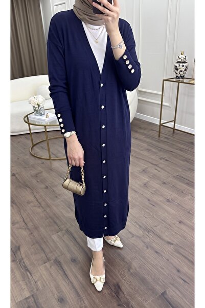 secret of VALORIA Women's Button Detailed Long Mercerized Cardigan V-Neck Sle...