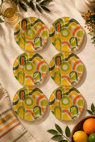 Ahenk Ev&Sofra Set of 6 Glass Tea Plates - Retro Geometric Patterned 12 cm - ...