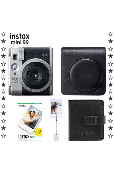 Fujifilm Instax Mini 99 Silver Fotoğraf Makinesi Deri Çanta Albüm Kıskaç ve 20'li Film Hediye Seti
