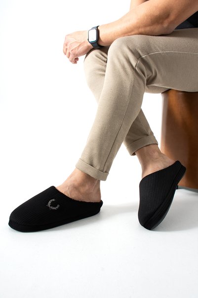 ModaMert Black Corduroy House Slippers Soundproof Comfortable Wool Slippers