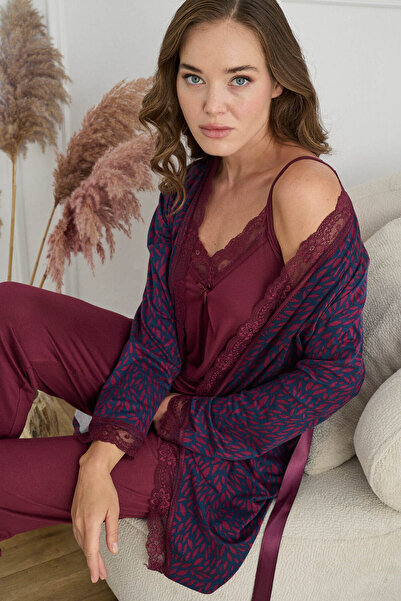 Miss Meryem Bordo Desenli Ring Viskon 3'lü Desenli Sabahlık Pijama Takım