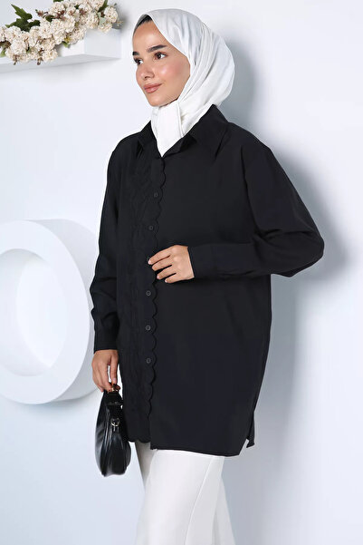 TOZLU Black Floral Embroidered Hijab Shirt
