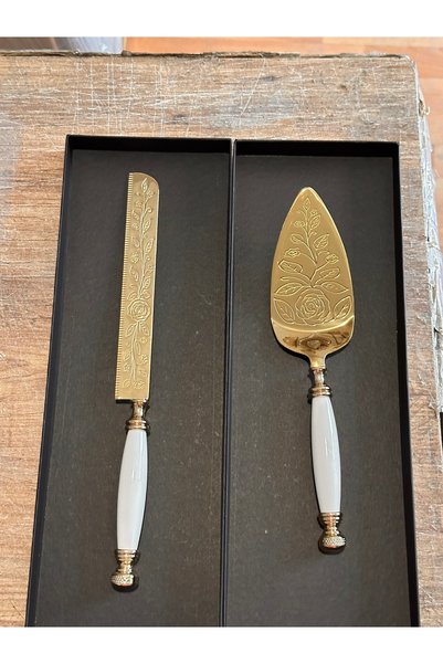 LeesHome Special Series Embroidered Service Cake Set Titanium Gold 2-Piece Tableware Kitchen Gift with Special Box