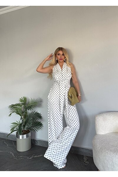 decision fashion Zeriva Dejage Yaka Baglama Detalı Slim Fıt Şık Puantiyeli Tulum