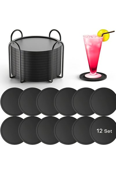 Generic Brand Set of 12 silicone coasters, non-slip, with stand, round, 10 x ...