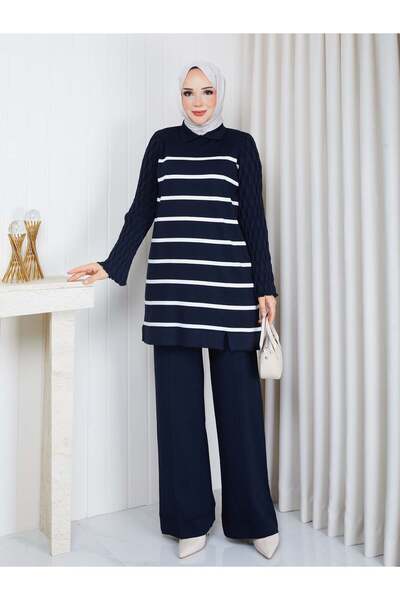 PAVENTİ Knitwear Striped Double Set Navy Blue