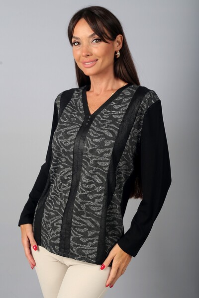 By Saygı Women's V-Neck Long Sleeve Blouse with Leather Detail on the Collar ...