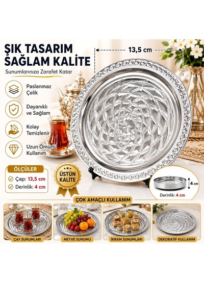 Keyfi Sepet 13,5 cm Paslanmaz Çelik Sunum Tepsisi – 4 cm Derin Desenli Yuvarl...