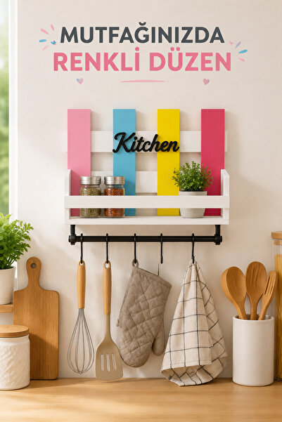 Kitchen Line Decorative Kitchen Shelf – Spice Rack and Wall Hanger with 6 Hooks