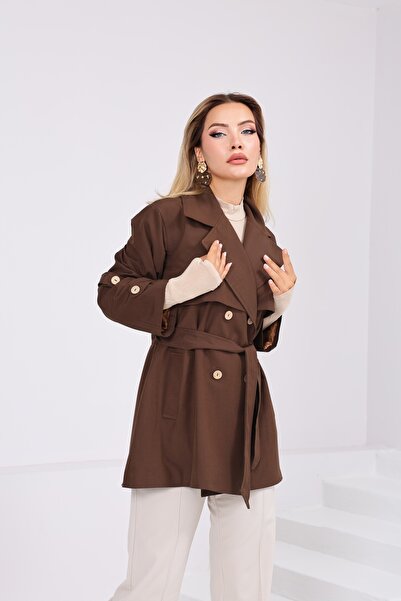 SahraAfra معطف نسائي قصير كبير الحجم مزود بأزرار وجيوب