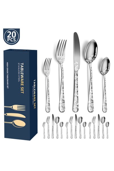 Generic Brand Set de tacâmuri din oțel inoxidabil, 20 de piese, pentru 4 pers...