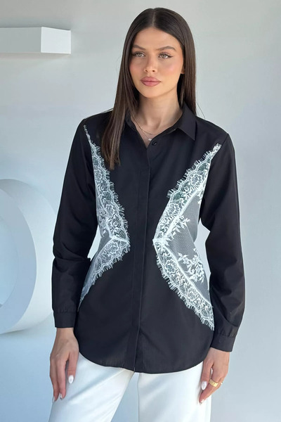 TOZLU Black Gülseli Women's Lace Embroidered Waist Tie Detailed Shirt