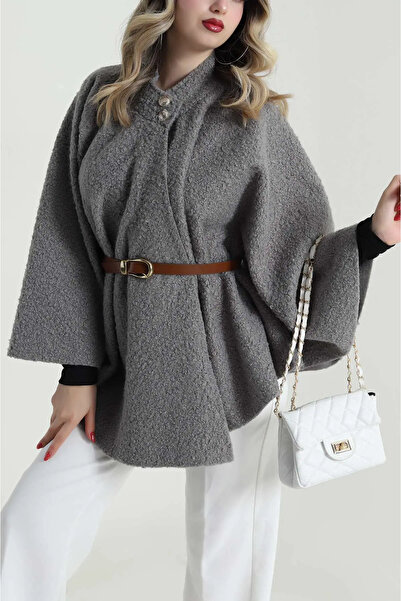 VıoShıne Women's Buttoned Belted Boucle Fabric Poncho