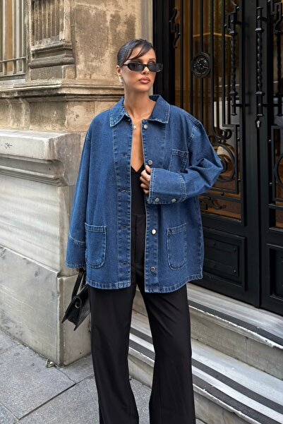 BEJNA Women's Oversized Denim Jacket with Button Detail and Pockets