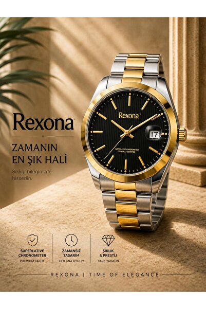 Rexona Men's Wristwatch – Black Dial Gold-Silver Steel Band 42 mm