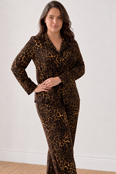 FİT WOMEN Women's Comfortable Patterned Buttoned Coffee Pajama Set 827