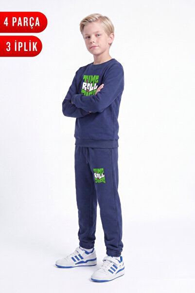 FYK KİDS 3 Thread Printed Boys' Double Pocket Crew Neck Sweatshirt Set