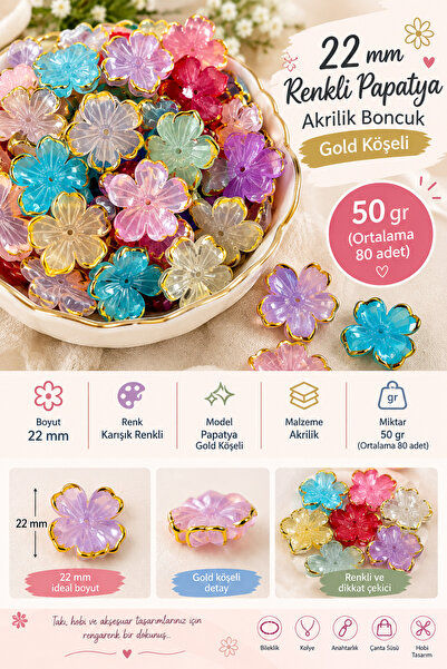 E.B EBRULİ BONCUK 22 mm Renkli Papatya Akrilik Boncuk – Gold Köşeli (50 gr)
