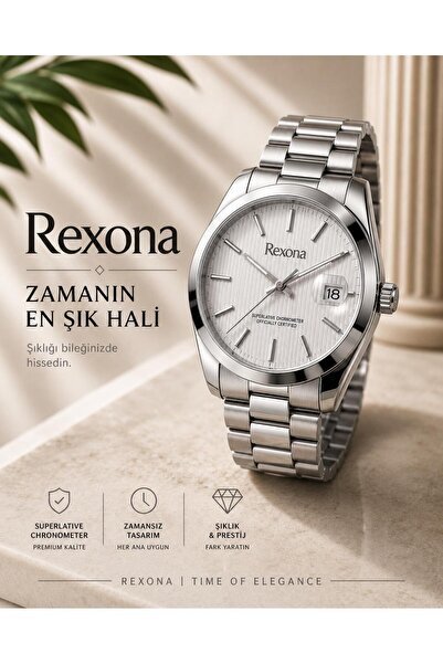 Rexona Men's Wristwatch - White Dial Steel Band 42 mm with Calendar Display