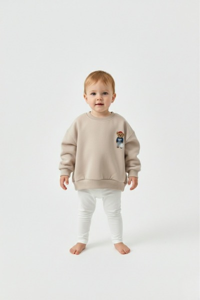 Çocuk Bej Baskılı Oversize 3 İp Unisex Sweatshirt