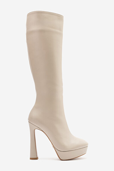 Ayakkabı Ateşi Women's Beige Skin High Heeled Platform Below-Knee Boots - Sty...