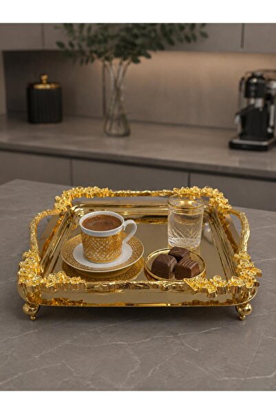 Aslı Hediyelik Lüx Gold Kulplu Gül Detaylı Ayaklı Kare Söz Nişan,Çeyiz,Kahve,Çay Sunum servis Tepsisi