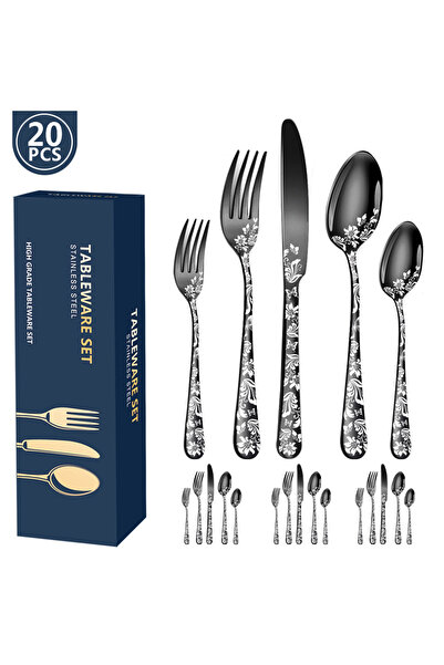 Generic Brand Set tacâmuri inox 20 piese, pentru 4 persoane, negru