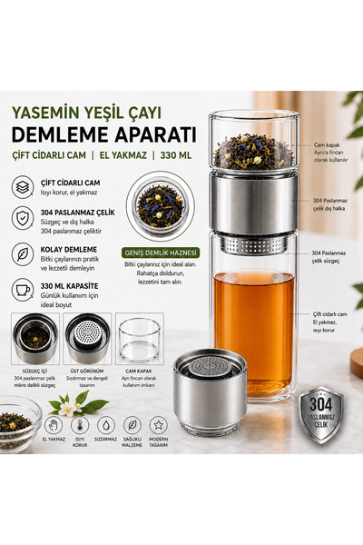 MUZEKO 330ML Çift Katlı El Yakmayan Isıyı İçinde Tutan Cam Bardak Detox Bitki...