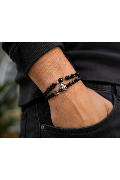 erkek cadılar bayramı halloween bileklik aksesuar takı kuru kafalı siyah renk gotik rock tarz sevgililer günü doğumgünü yılbaşı yeni yıl hediyelik bileklik unisex doğal taş