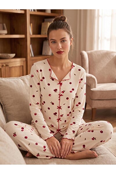 cotonhause Kadın Uzun Kol Kaşkorse Fiyonklu Ekru Pijama Takımı C7T4N807