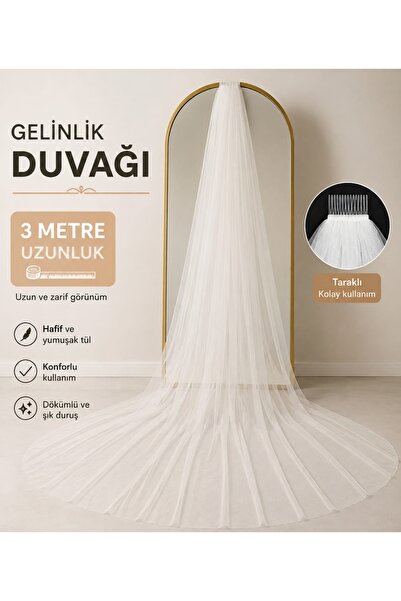 Mila Moda Evi - 3 Metre (300 cm) Sade Taraklı Uzun Gelin Duvağı - Dökümlü Tül Duvak