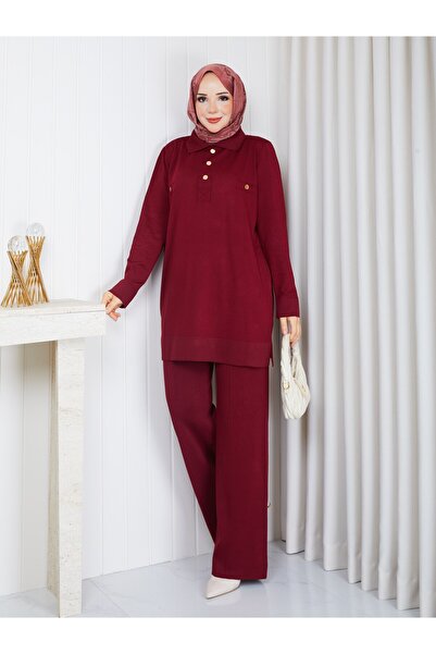 PAVENTİ Knitwear Polo Collar Two-Piece Set with Trousers Claret Red