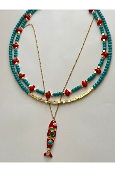 mibrillo Triple necklace set with fish detail turquoise bead necklace trendy ...